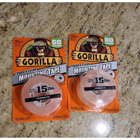 (2) Gorilla Tough & Clear Double Sided Mounting Tape Weatherproof 1" x 60" Clear - Picture 1 of 7